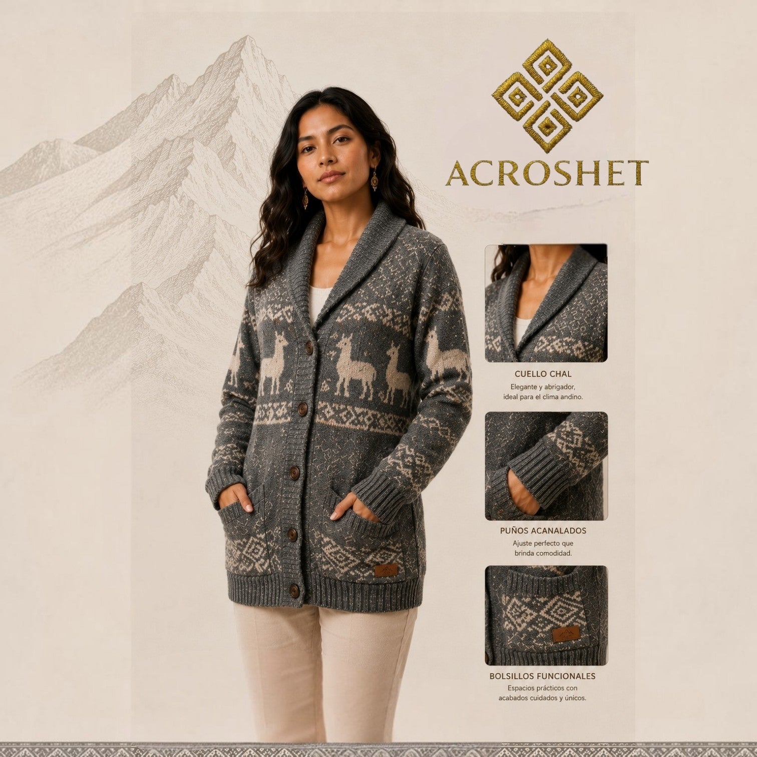 Andes Llama Heritage Shawl Cardigan – Stone Gray